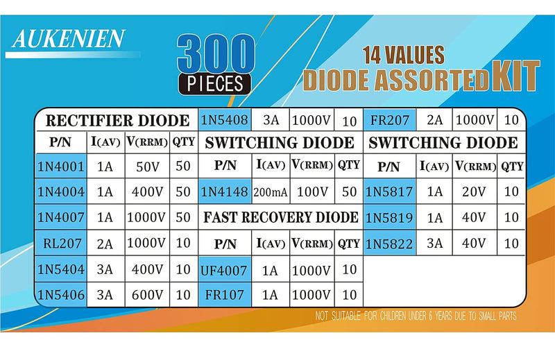  [AUSTRALIA] - Aukenien 14 value 300 pieces of diodes KIT rectifier switch switch Schottky diode set 1N4001 1N4004 1N5406 1N5408 1N5819 1N5822 Fr107 fr207 RL207 UF4007 Diodes - 14