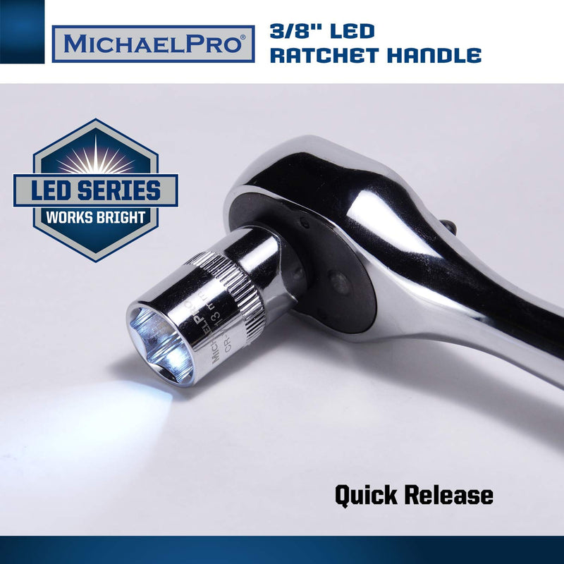 MichaelPro MP001037- 3/8-Inch Drive Socket Ratchet Handle with Patented Built-in LED Flashlight Design,Quick Release,Reversible Ratchet Wrench, 72 Tooth,CR-V Steel and Mirror Polish Finish - LeoForward Australia