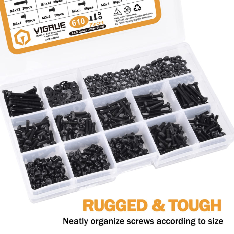  [AUSTRALIA] - VIGRUE 610PCS 14.9 Grade Alloy Steel M3 Button Hex Head Cap Screws M3 x 4/5/6/8/10/12/14/16/18/20/25mm Machine Screws Bolts Nuts Washer Assortment Kit