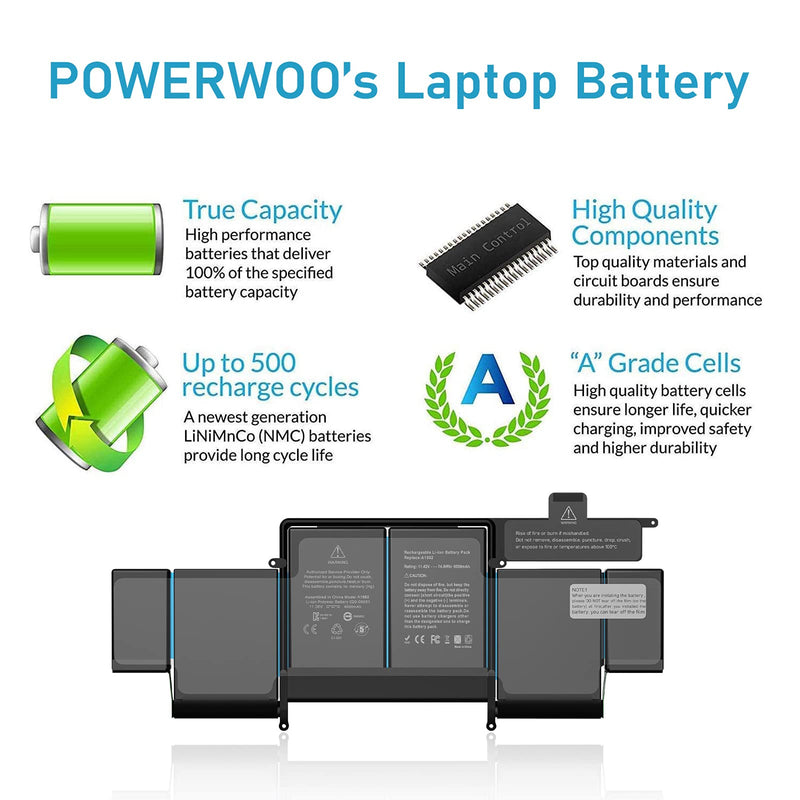  [AUSTRALIA] - A1502 A1582 Battery, POWERWOO A1493 Battery Replacement for MacBook Pro Retina 13 Inch Late 2013, Mid 2014, Early 2015 High Capacity [6600mAh/ 11.42V /74.9Wh]