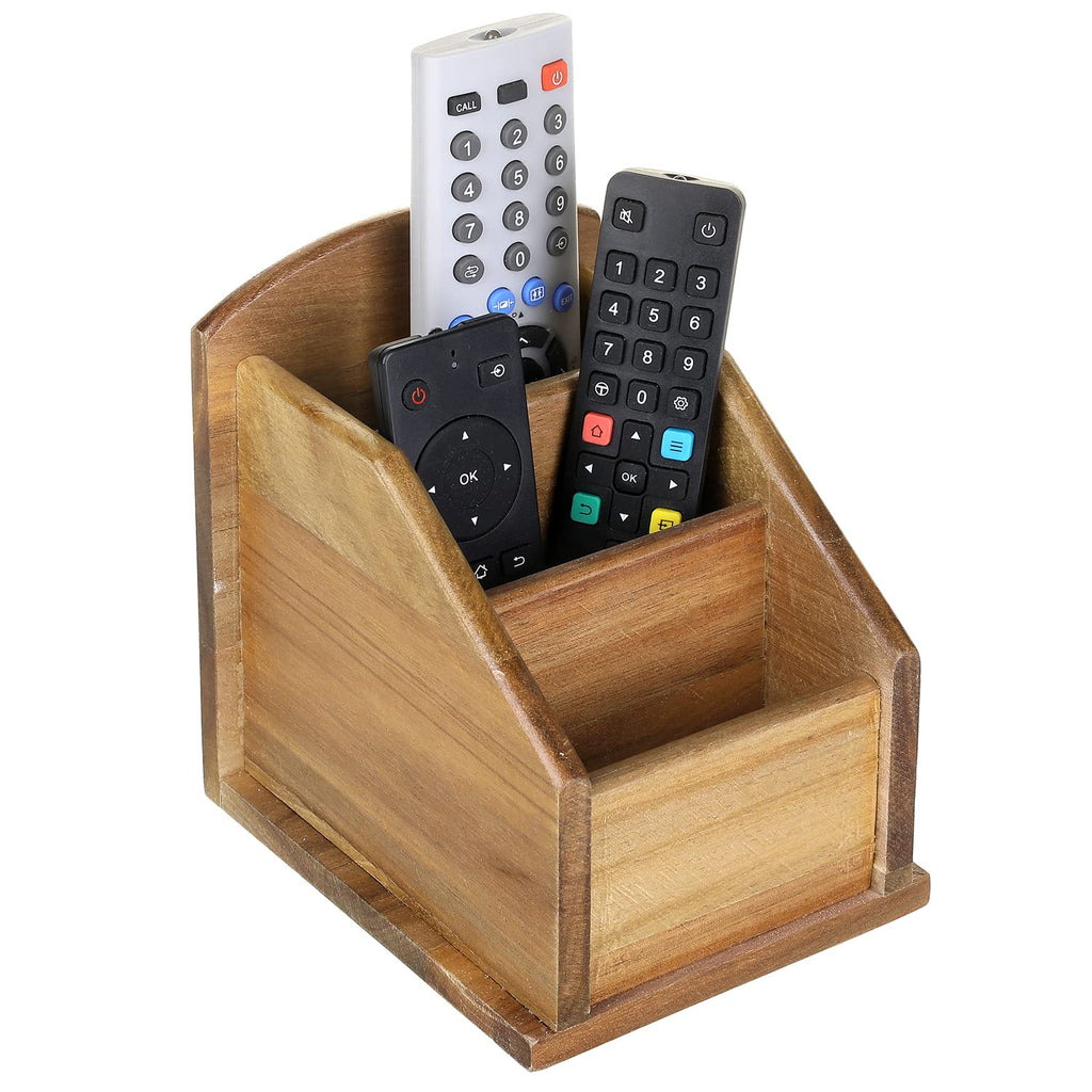  [AUSTRALIA] - MyGift Solid Acacia Wood Small Remote Control Holder Organizer with 3 Compartments, Living Room TV Media Storage Caddy