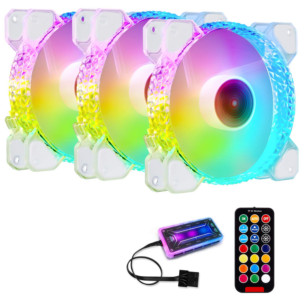  [AUSTRALIA] - 3 Pack RGB Case Fans,120mm Ultra-Quiet RGB Chassis Cooling Fans,Equiped with Remote Control Hub,5V ARGB Sync,Speed Adjustable Colorful Cooler,Crystal Appearance, High-Performance Computer Fan for Case Crystal-4 Pin