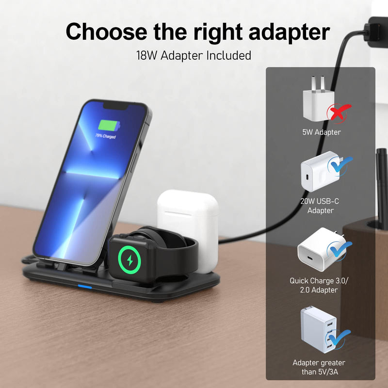  [AUSTRALIA] - OLEBR 3 in 1 Bedside Charging Station for Apple Multiple Devices, Charger Stand for iPhone Apple Watch 7/6/Se/5/4/3/2/1 and AirPods Charging Dock for AirPods Pro/3/2/1 (with 18w Fast Adapter) Black