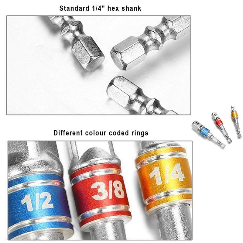  [AUSTRALIA] - Impact Grade Socket Adapter/Extension Set Turns Power Drill Into High Speed Nut Driver,1/4-Inch Hex Shank to Drive for Adapters to Use with Drill Chucks, Sizes 1/4" 3/8" 1/2", Cr-V, 3-Piece