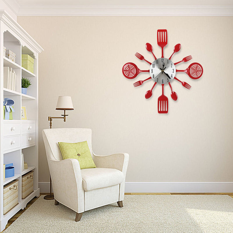 CIGERA 16 Inch Large Kitchen Wall Clocks with Spoons and Forks,Great Home Decor and Nice Gifts,Red Red - LeoForward Australia
