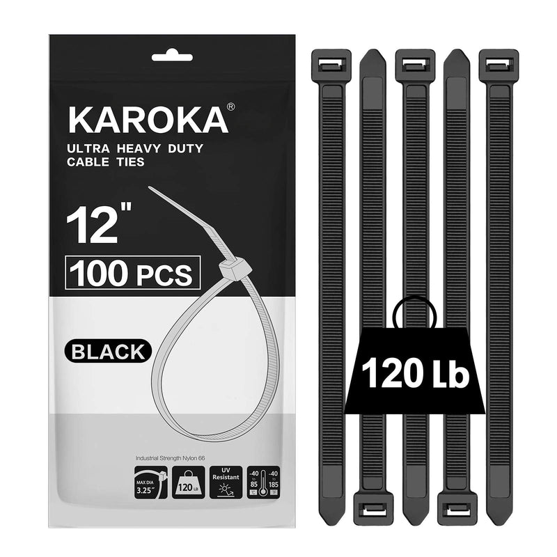  [AUSTRALIA] - Zip Ties 12 inch Heavy Duty Zip Ties with 120 Pounds Tensile Strength, Black Cable Ties, 100 Pieces ,by Karoka 12" 120lb (100 Pack)