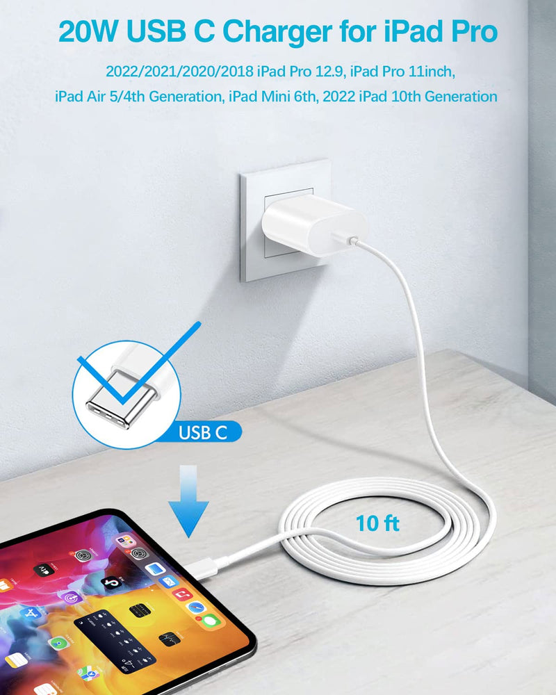  [AUSTRALIA] - 20W USB C Fast Charger with 10ft USB C to C Charging Cord for 2022/2021/2020/2018 iPad Pro 12.9 Gen 6/5/4/3, iPad Pro 11 Gen 4/3/2/1, iPad Air 5th/4th Generation, iPad 10th Generation, iPad Mini 6th White
