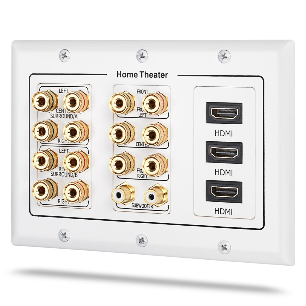  [AUSTRALIA] - 3 Gang Wall Plate, Fosmon (3-Gang 7.2 Surround Sound Distribution) Home Theater Copper Banana Binding Post Coupler Type Wall Plated for 7 Speakers, 2 RCA Jacks for Subwoofers & 3 HDMI Ports