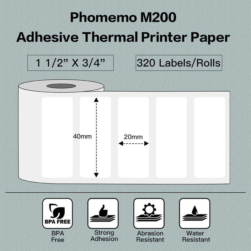  [AUSTRALIA] - Phomemo Multi-Purpose White Self-Adhesive Label for Phomemo M200/M110 Label Maker, 1 1/2" X 3/4"(40x20mm), 320 Labels/Roll,Black on White 40mmx20mm
