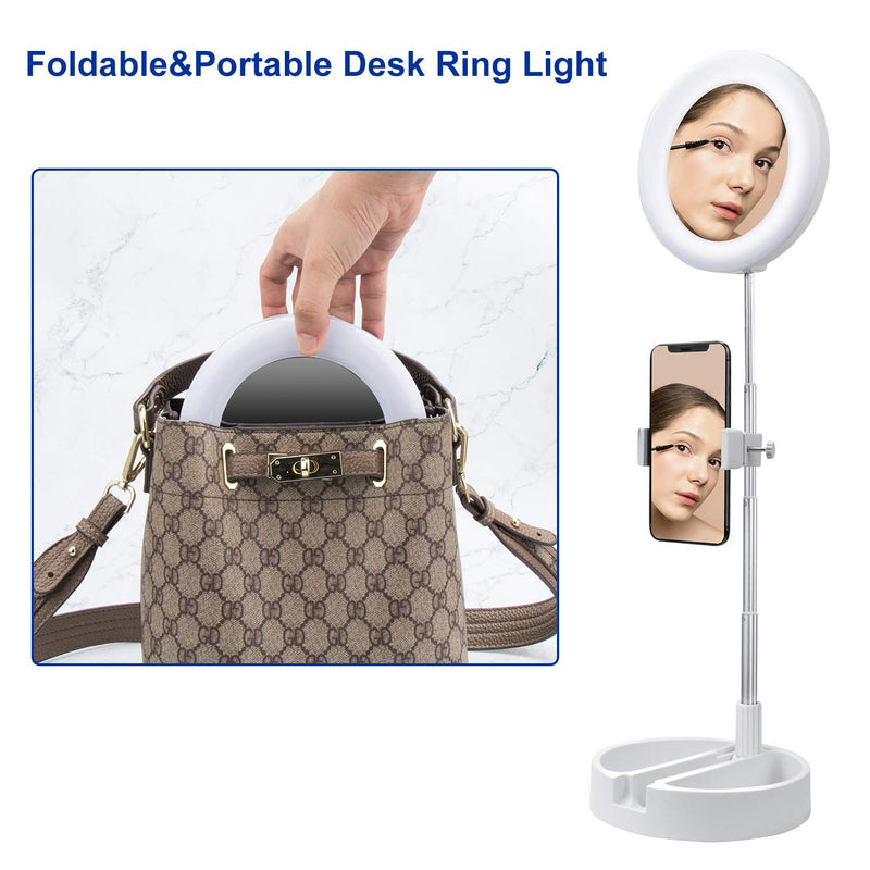  [AUSTRALIA] - 6” Selfie Ring Light Stand,Livelit Desk Foldable Ring Light Built-in Mirror for Makeup YouTube Video Live Streaming Photography Compatible with iPhone&Android (White)