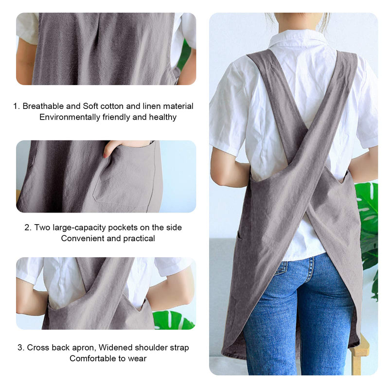  [AUSTRALIA] - Zakicol Women’s Cross Back Apron Baking Gardening Cleaning Works Cotton/Linen Blend Apron with 2 Pockets (Grey) Grey