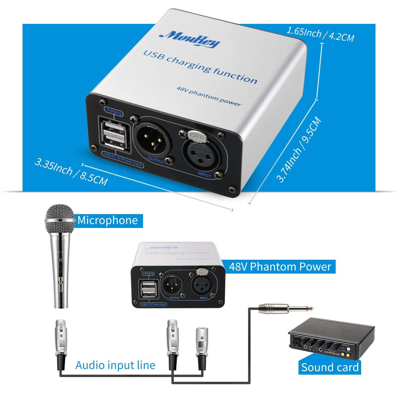  [AUSTRALIA] - Moukey Phantom Power Supply,1-Channel,48V with New USB Charging Capability, 10 Feet XLR Cable and Adapter for Any Condenser Microphone Music Recording Device-New Version