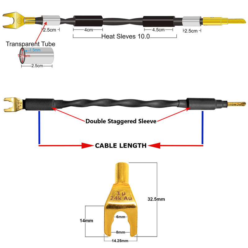 4 Units - 8 Inch - Canare 4S11 – Audiophile Grade - 11AWG - HiFi Speaker Cable Jumper Terminated with Gold Banana to Spade Connectors - LeoForward Australia