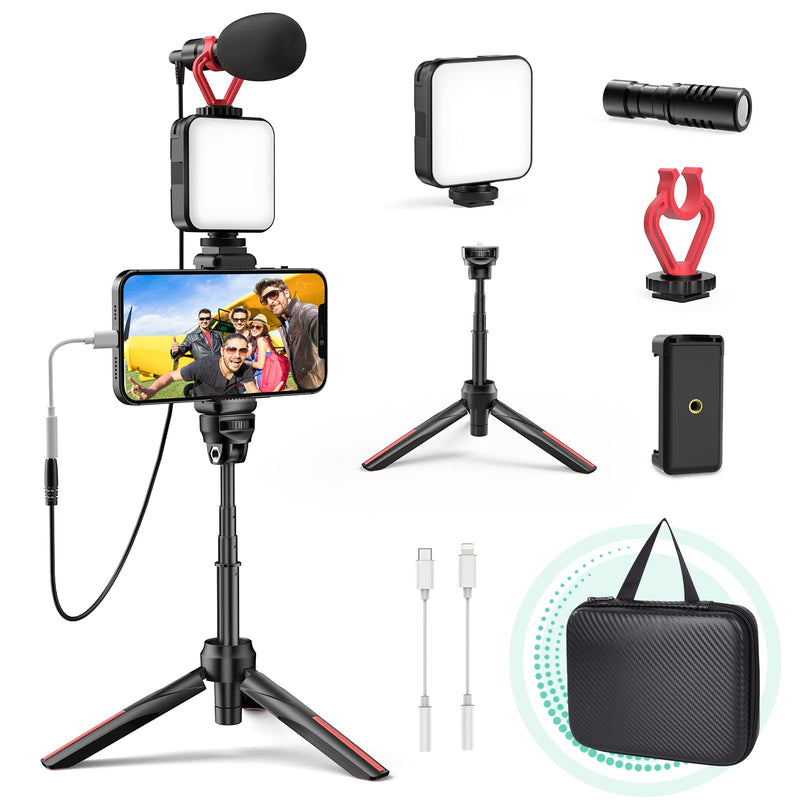  [AUSTRALIA] - Smartphone Video Vlogging Kit with Lightning and Type-C Adapters, TECELKS YouTube Starter Kit with LED Light, Phone Holder, Microphone, Tripod, Compatible with iPhone/Android for TikTok/Recording