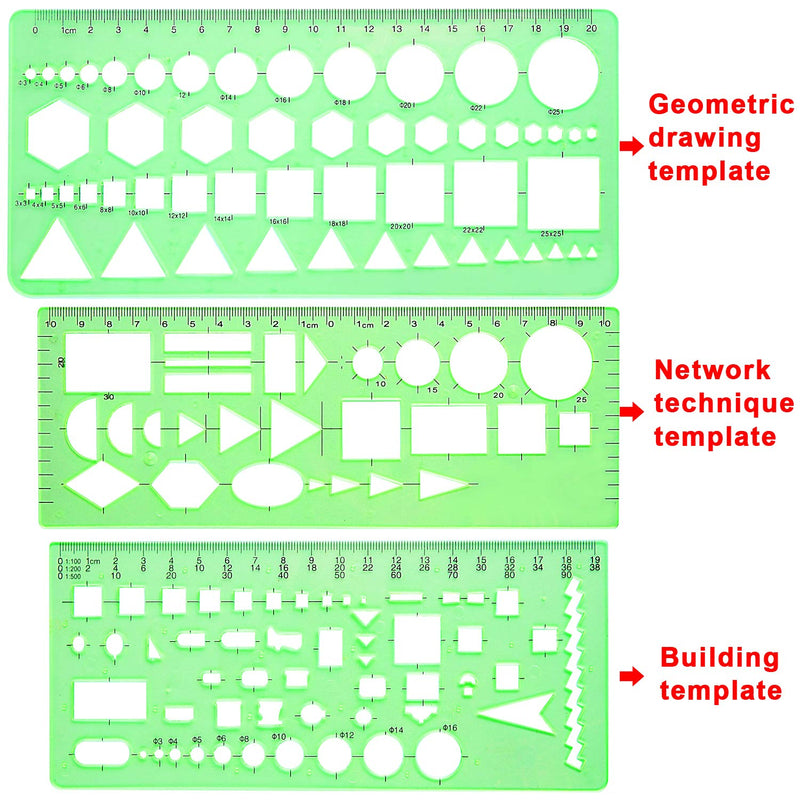 SIQUK 11 Pieces Geometric Drawings Templates Plastic Clear Green Plastic Rulers with 1 Pack Poly Zipper Envelopes for Studying, Designing and Building - LeoForward Australia