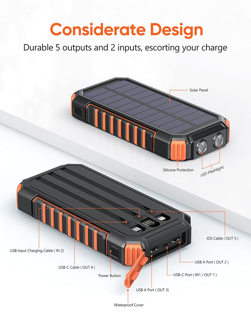  [AUSTRALIA] - Riapow Solar Charger 30000mAh High Capacity Solar Power Bank with Built-in USB C & iOS & USB Input Cables, Fast Charge Portable Phone Charger with 5 Outputs & 2 Inputs for Smartphone, Tablet Orange