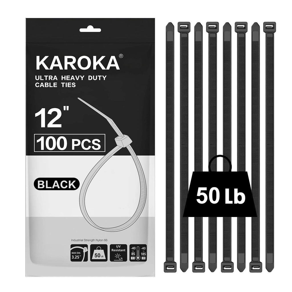  [AUSTRALIA] - Zip Ties 12 inch (100 Pack), Black, 50 lb, UV Resistant Cable Ties for indoor and outdoor use, by Karoka 12" (100 Pack)