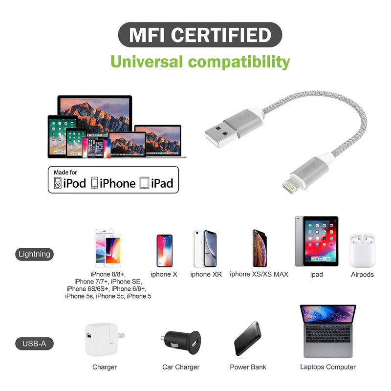 PENGO USB Cable with Lightning Connector, Short Lightning Cable, Apple MFi Certified Charger and Sync/Data for iPhone 12/11/X/8/8 Plus 7/7 Plus,Double-Braided Nylon (0.66 ft / 8 in / 0.2 m)(Silver) 0.2m Silver - LeoForward Australia