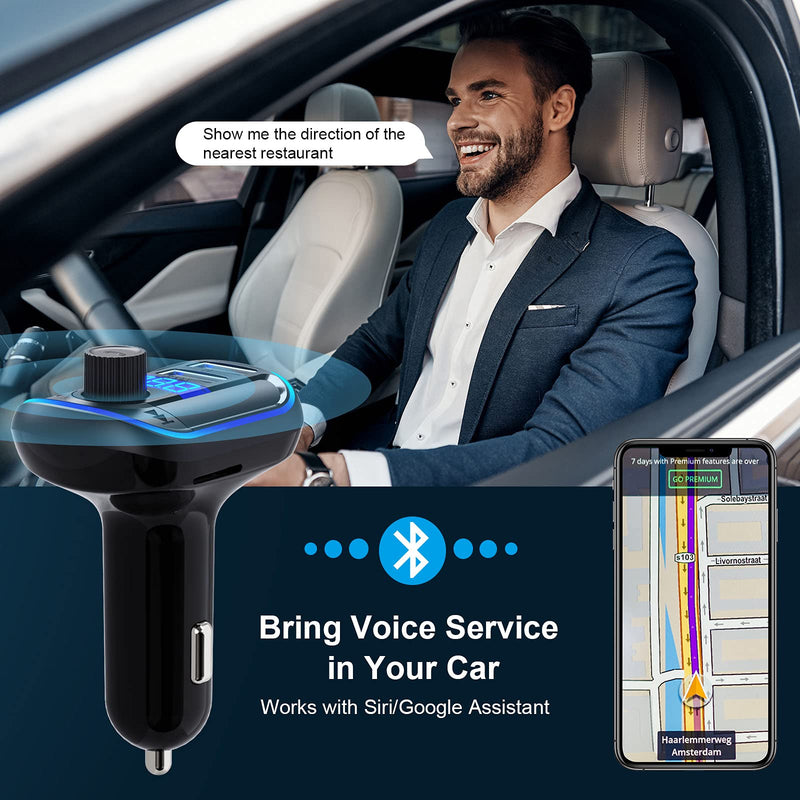  [AUSTRALIA] - Bluetooth FM Transmitter for Car - Bluetooth Car Adapter Radio Transmitter, Dual USB Car Charger, MP3 Music Player Bluetooth 5.0 Car Kit with Breathing Light, Hands-Free Calls Siri Google Assistant Blue