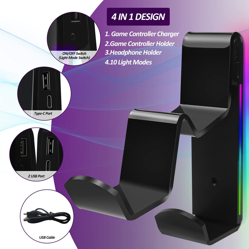  [AUSTRALIA] - RGB Dual Game Controller Charger & Headphone Holder with 10 Light Modes and 2 USB Charging Port, Wall Mount Stand Charger for Xbox PS5 PS4 Switch, for All Universal Gamepad & Headsets