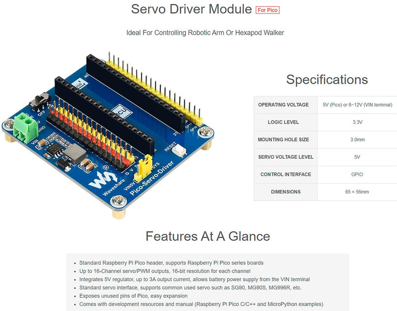 Servo Driver Module for Raspberry Pi Pico, Up to 16-Channel Servo/PWM Outputs, 16-bit Resolution for Each Channel,Onboard Standard Servo Interface to SG90/MG90S/MG996R,etc. Servo Driver Module for Pico - LeoForward Australia