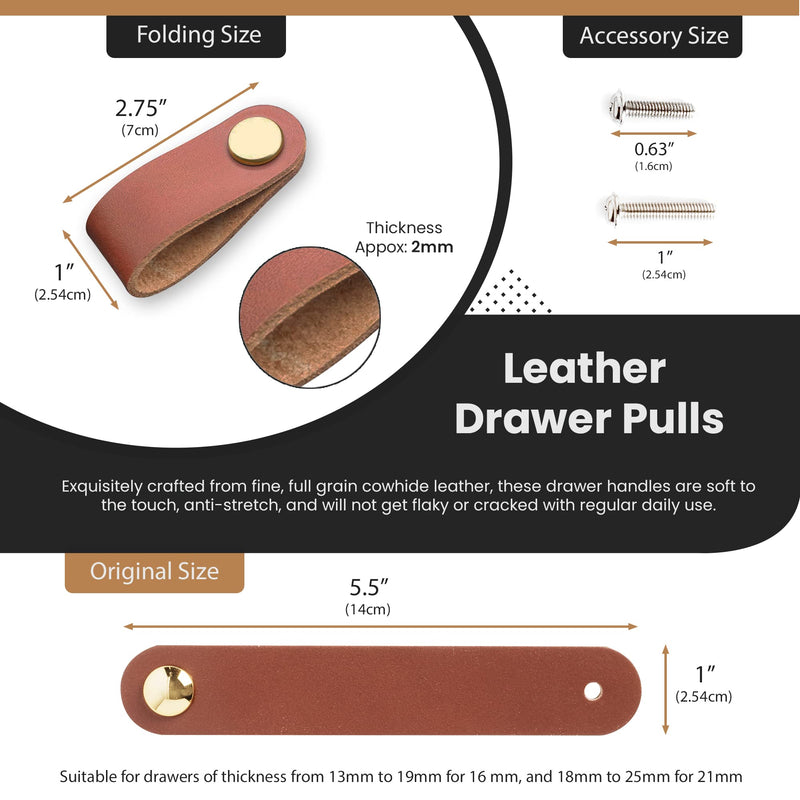  [AUSTRALIA] - Leather Drawer Pulls - 6 Full Grain Brown Leather Handles for Dresser Drawers, Cabinet, Furniture - Upgrade Your Old Knobs - 2.75 Inch x 1 Inch Pull Handle Knob Replacement - Includes Hardware Screws