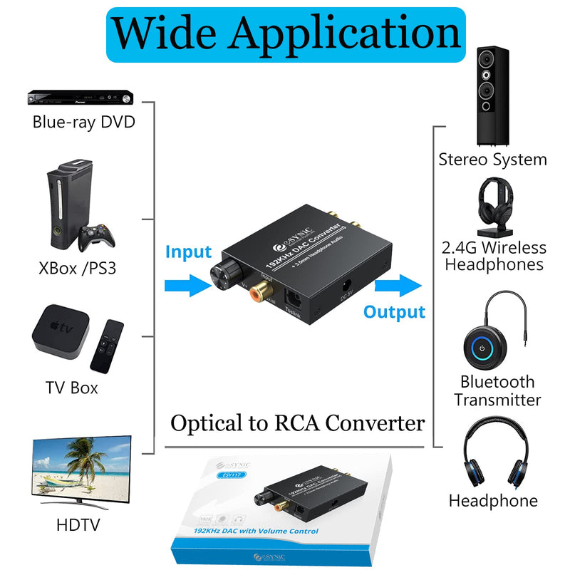  [AUSTRALIA] - eSynic 192KHZ Volume Adjustable Optical to RCA Converter Digital to Analog Audio Converter 3.5mm Audio Jack Output Digital Audio Converter Box Optical to Analog Audio Adapter for PS3 PS4 DVD HDTV etc Size-C Style-C