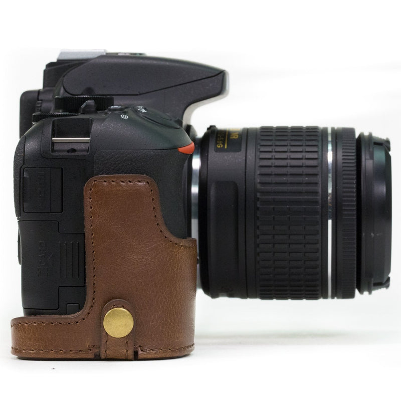  [AUSTRALIA] - MegaGear Nikon D5600, D5500 Ever Ready Leather Camera Half Case and Strap, with Battery Access - Dark Brown - MG1171