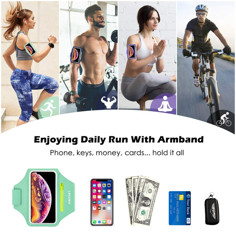 Cell Phone Armband with Zipper Pocket for Car Key Running Armband for iPhone 11 Pro Max/XR 8 Plus/7 Plus, Galaxy S20+/S10/S9, Sweat Resistant Sports Armband Airpods Bag, Up to 6.7 in Phone for Sports Mint Green (Up to 6.7'') - LeoForward Australia