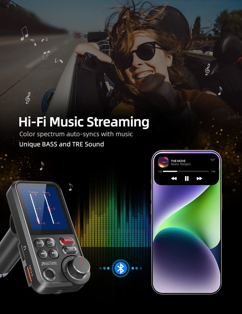  [AUSTRALIA] - Nulaxy FM Bluetooth Transmitter for car, Strong Microphone Bluetooth Car Adapter with 1.8" Color Screen for Hands Free Calls, Supports QC3.0 Charging, Treble and Bass Sound Music Player- KM30 Black