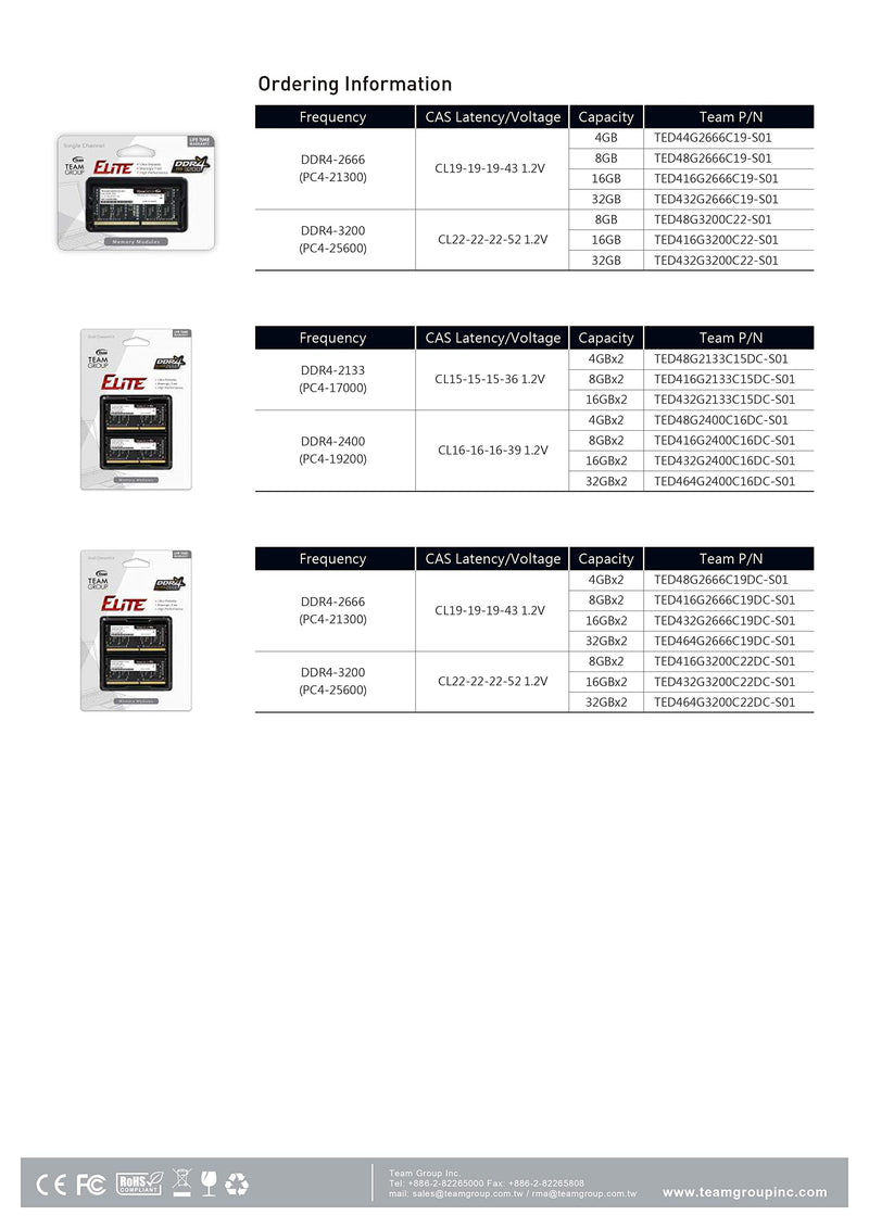  [AUSTRALIA] - TEAMGROUP Elite 16GB Kit (2 x 8GB) DDR4 2400MHz PC4-19200 CL16 Unbuffered Non-ECC 1.2V SODIMM 260-Pin Laptop Notebook PC Computer Memory Module Ram Upgrade - TED416G2400C16DC-S01 16GB Kit (2x8GB)