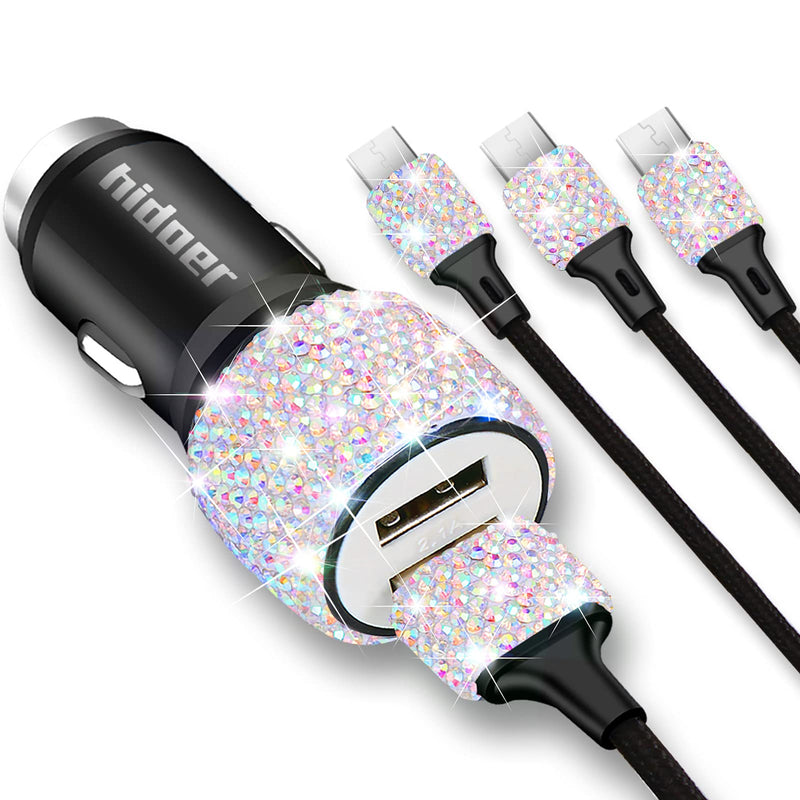  [AUSTRALIA] - Bling USB Car Charger 5V/2.1A White Crystal Decoration Dual Port Fast Adapter with 3.9ft Nylon Type C/Micro USB 3-in-1 Multi Charging Cable for iPhone iPad Android, Car Interior Accessories for Women Multicolor