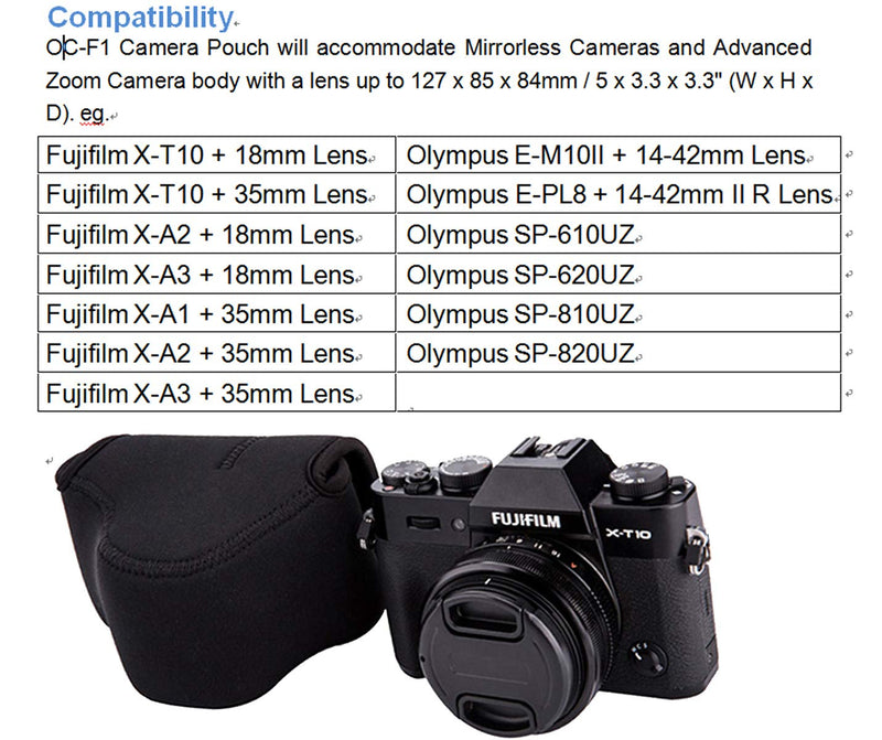  [AUSTRALIA] - JJC Black Ultra Light Neoprene Camera Case for Fuji X-T100 X-T30 X-T20 X-T10 +18mm Lens/ 35mm Lens/15-45mm Lens, Pouch Bag for Olympus E-PL8 E-M10 II +14-42mm Lens, SP-820UZ SP-810UZ Water Resistant OC-F1