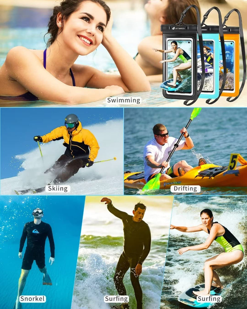  [AUSTRALIA] - Universal Waterproof Phone Pouch 3 Pack, IPX8 Phone Water Protector Pouch Case Bag Lanyard Compatible iPhone 14 13 12 Pro Max Samsung Galaxy S22, Waterproof Phone Holder Protector for Beach Swimming Glossy Black+Green+Orange
