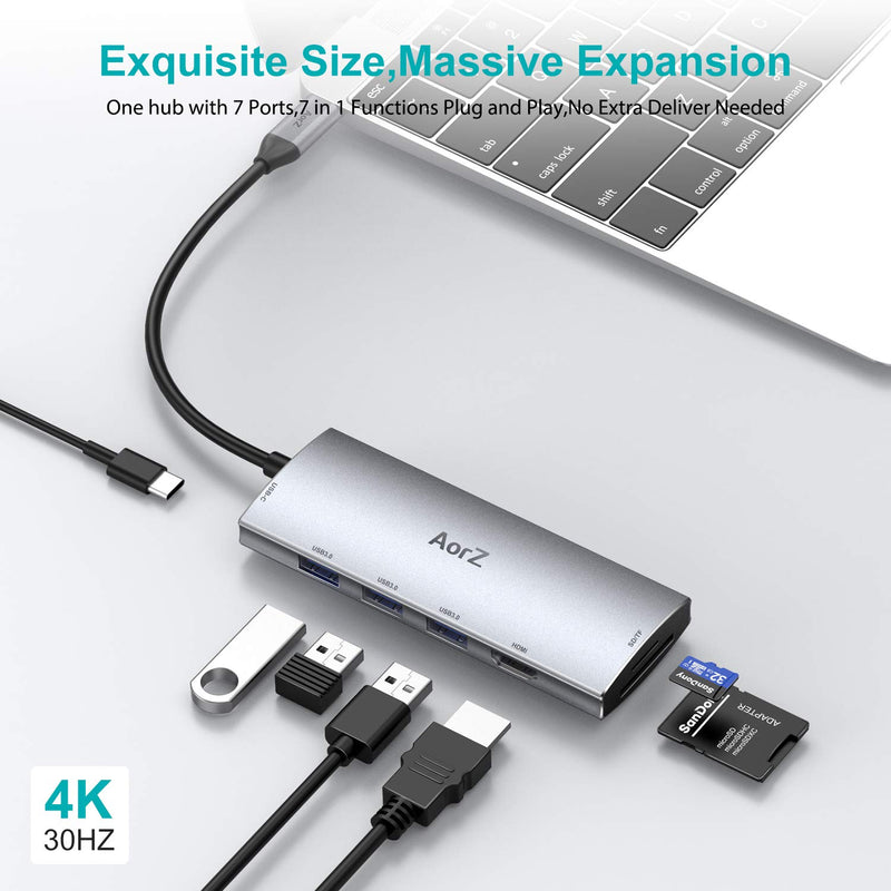  [AUSTRALIA] - USB C Hub, USB Hub to HDMI Multiport AorZ USB C Dongle Adapter 7 in 1 with 4K HDMI Output,3 USB 3.0 Ports,SD/Micro SD Card Reader,100W PD,Compatible with MacBook Pro Air HP XPS and More Type C Device