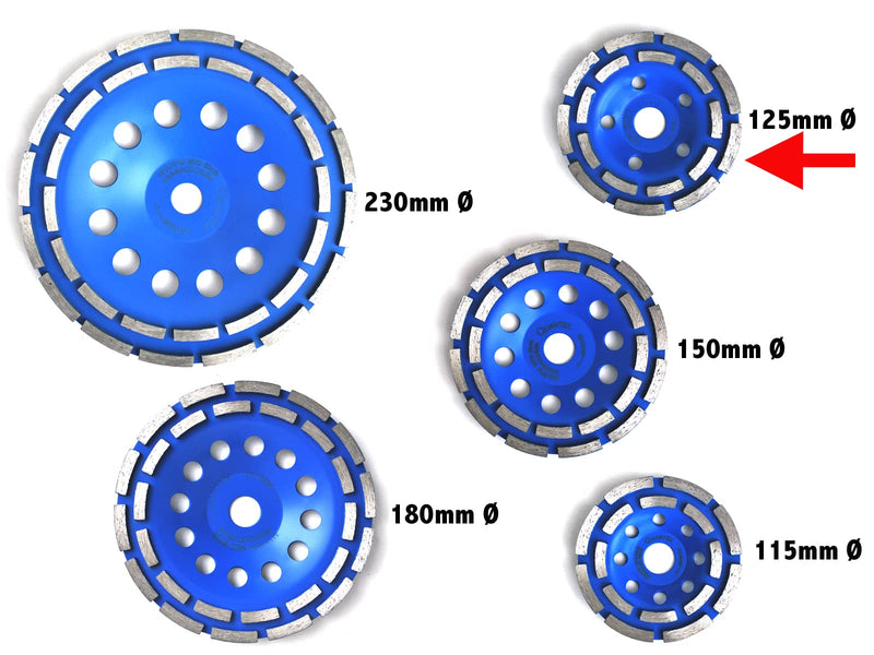  [AUSTRALIA] - QUANTEX diamond cup wheel 125mm. Diamond grinding disc double row with 22.23mm standard bore suitable for all angle grinders, concrete milling machines etc. Universal for concrete, natural stone, screed.