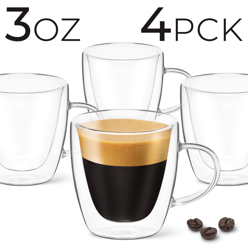 [AUSTRALIA] - DLux Espresso Coffee Cups 3oz, Double Wall, Clear Glass set of 4 Glasses with Handles, Insulated Borosilicate Glassware Tea Cup 5. Pack of 4 - 3oz Borosilicate Cups with Handle
