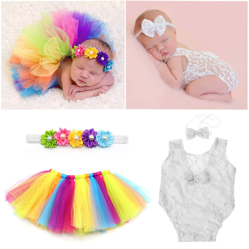  [AUSTRALIA] - 4 PCS Newborn Photography Props Outfits-BabyTutu Skirt Cute Bow Headdress and Baby Wings Set for Infants Girl Boy… Rainbow