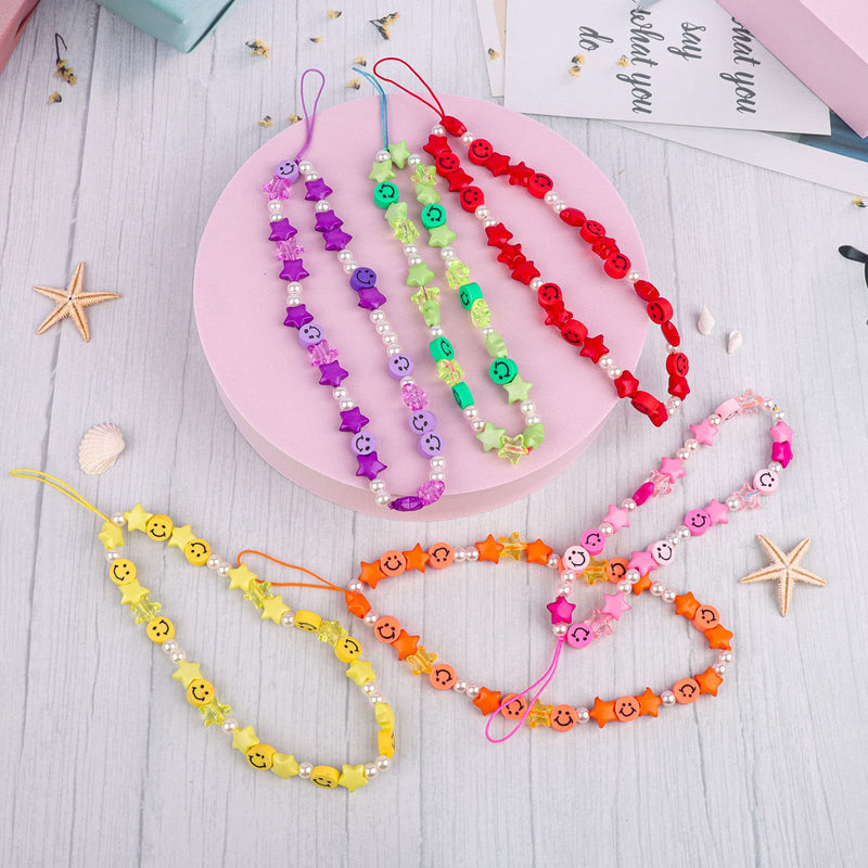  [AUSTRALIA] - Phone Charm Lanyard, 1Pcs Smiley Face Beaded Phone Charm Strap Colorful Star Smiley Soft Ceramic Keychain for Women Girls（Random Color of The Rope） Red