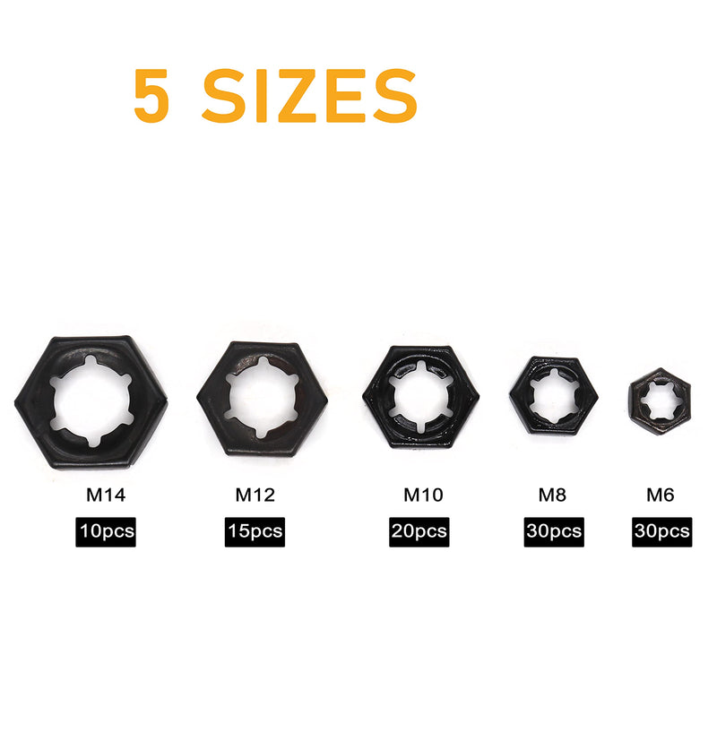  [AUSTRALIA] - Pushnuts Kit, cSeao 105pcs Black Push On Lock Nuts Assortment Kit, M6/ M8/ M10/ M12/ M14 M6/ M8/ M10/ M12/ M14 Black Reverse 105pcs