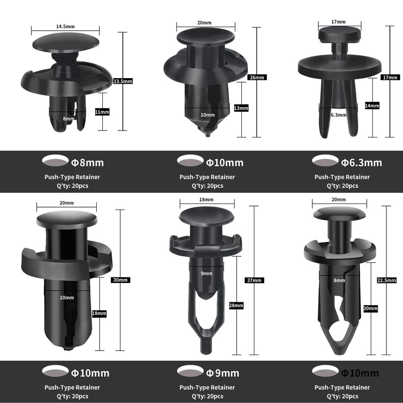 KCRTEK 120 pcs 6.3mm 8mm 9mm 10mm Nylon Bumper Push Fasteners,Bumper Clips with Fastener Removal Tool - LeoForward Australia