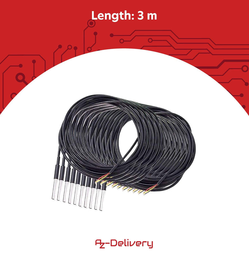  [AUSTRALIA] - AZDelivery 5 x 3M cable DS18B20 digital stainless steel temperature sensor, waterproof compatible with Arduino and Raspberry Pi including e-book!