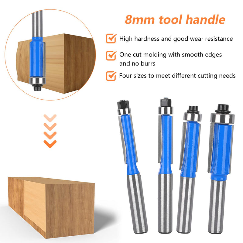  [AUSTRALIA] - 4 pieces flush cutter 8 mm shank, flush cutter cutter set, double-sided cutter with bearings, blue flush cutter, for woodworking tools for cutting, trimming (4) 4