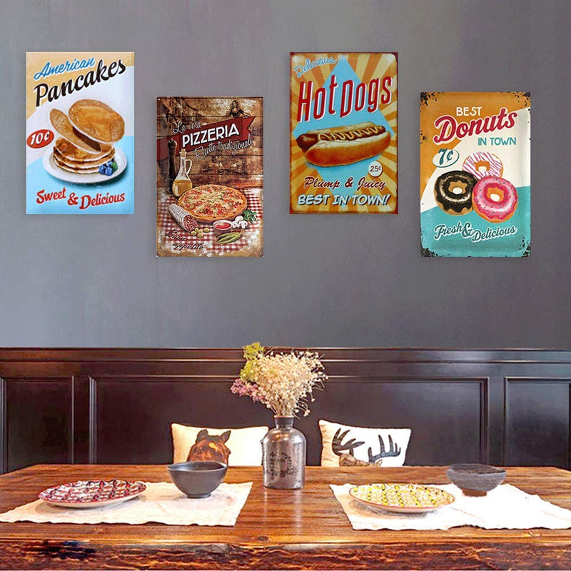  [AUSTRALIA] - Easy Painter 4PCS Hotdogs Pizzeria Vintage Retro Wall Decor Tin Signs, Food Decorative Metal Sign for Home, Pub, Cafe, and Hotel (7.8x11.8inchx4pcs)