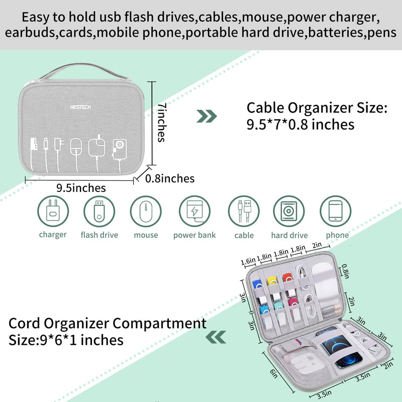  [AUSTRALIA] - HESTECH Cable Organizer Travel,Electronic Organizer Compact Travel Cord Tech Organizer Case Waterproof Travel Essentials for Charger,Phone,Hard Drive,USB,SD Card,Grey L-Single Layer-9*6*1 Inches Grey