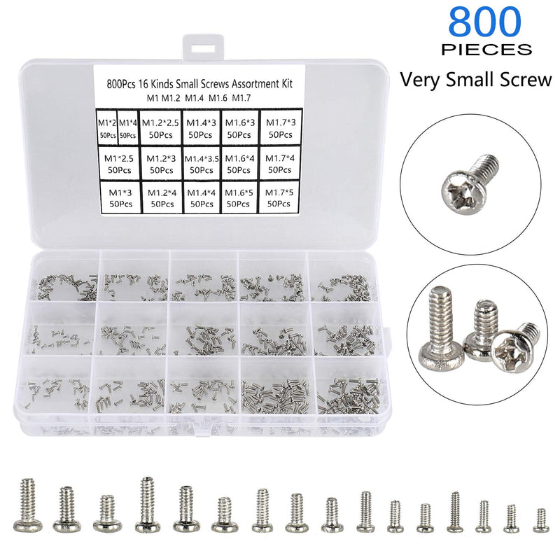  [AUSTRALIA] - HanTof 800pcs M1/M1.2/M1.4/M1.6/M1.7 Tiny Screws for Electronics, Very Small Phillips Pan Head Machine Screws, Micro screws, Mini Screws Assortment Kit for Electronic Repair,Nickel-Plated Carbon Steel
