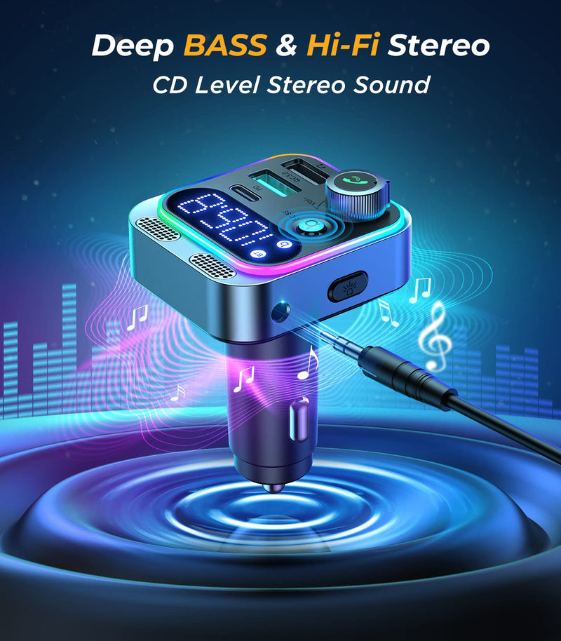  [AUSTRALIA] - 2022 Bluetooth 5.3 FM Transmitter for Car, JOYROOM [Stronger Dual Mics & HiFi Deep Bass Sound] , 48W PD&QC3.0 Bluetooth Car Adapter, Hands-Free Calling, Larger LED, AUX Output & U Disk