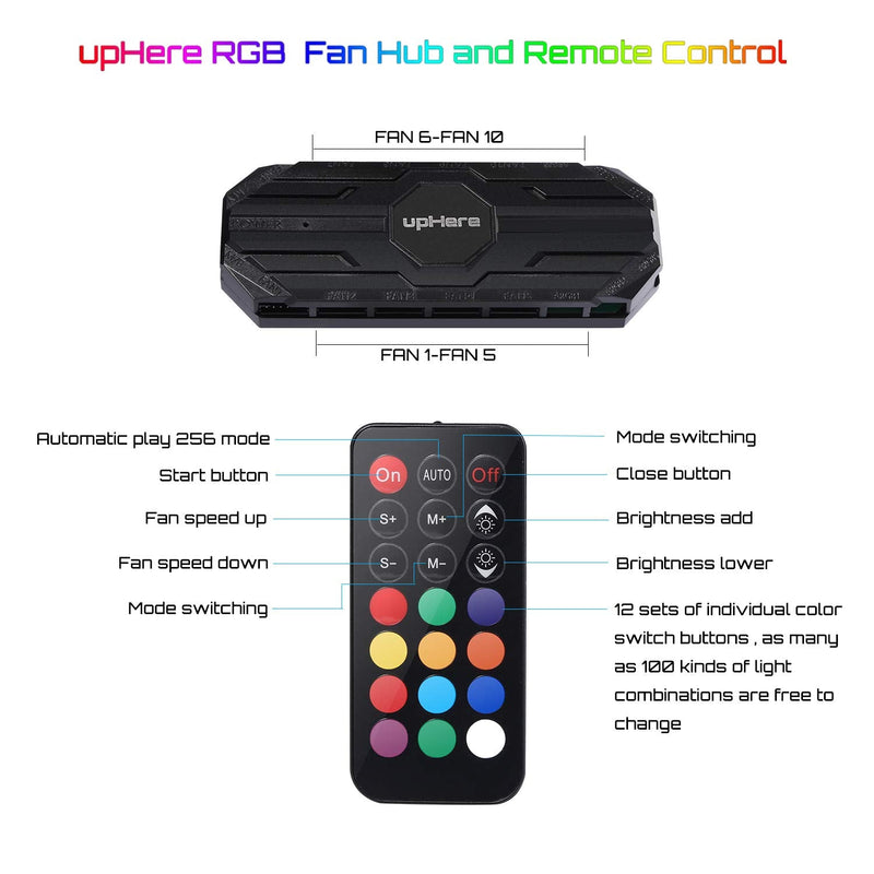  [AUSTRALIA] - upHere 10-Port 6PIN SATA RGB Hub with 21-Key Remote Control/Splitter for 6-Pin Case Fans in Black-MBX10