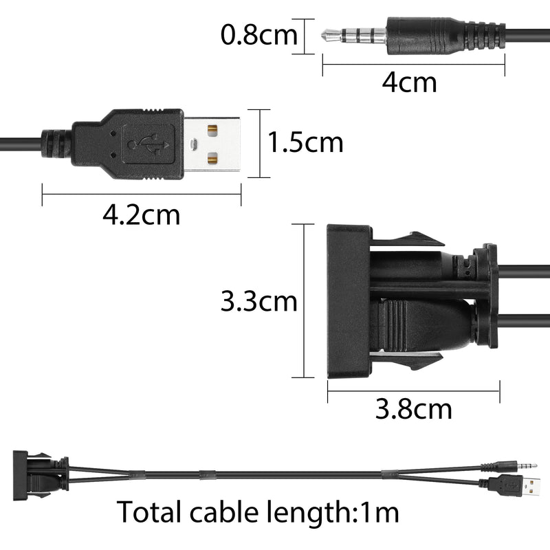  [AUSTRALIA] - YACSEJAO Flush Mount Cable USB 2.0+3.5 mm AUX Extension Dash Panel Mount Cable for Car, Boat and Motorcycle, 1M/3.3Ft