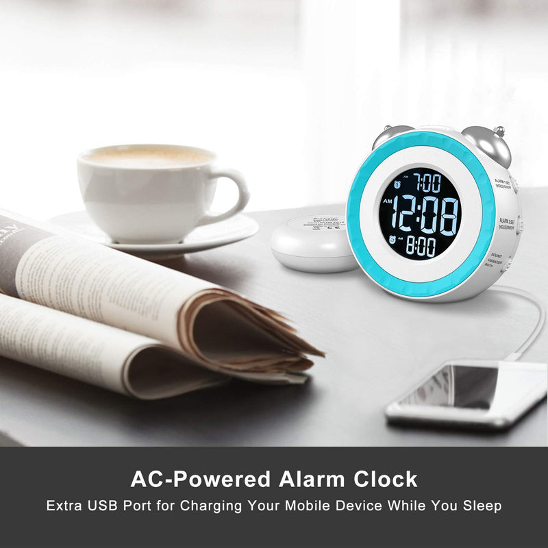 USCCE Loud Dual Alarm Clock with Bed Shaker - 0-100% Dimmer, Vibrating Alarm Clock for Heavy Sleepers or Hearing Impaired, Easy to Set, USB Charging Port, Snooze, Battery Backup (White) White - LeoForward Australia